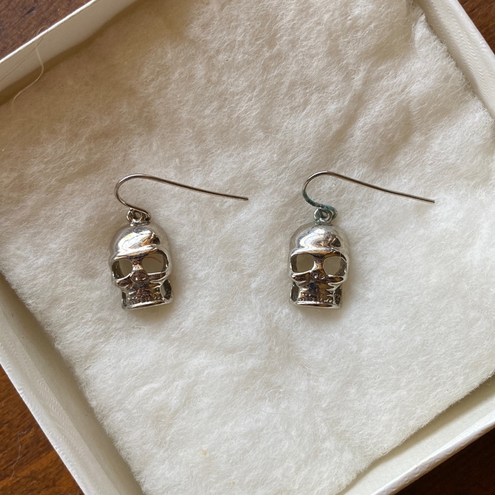 Vintage Pirate Skull Silver Hanging Earrings